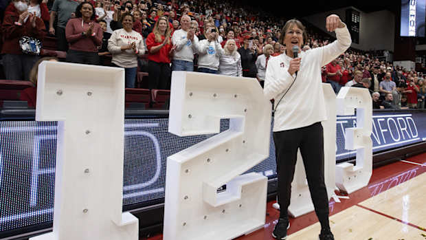 Stanford women’s basketball coach Tara VanDerveer addresses fans after her record-setting 1,203rd career win on Jan. 21, 2024.